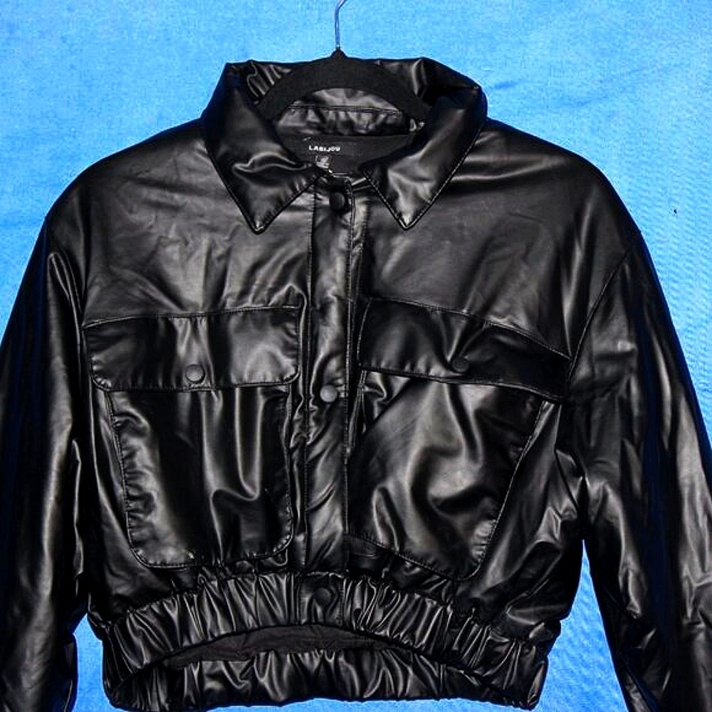 Labijou Shiny Cropped Puffer Jacket Black Small - Picture 3 of 6